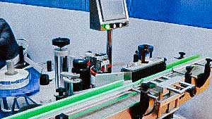 Automatic labeling machine for sticking self-adhesive labels on glass bottles with syrup